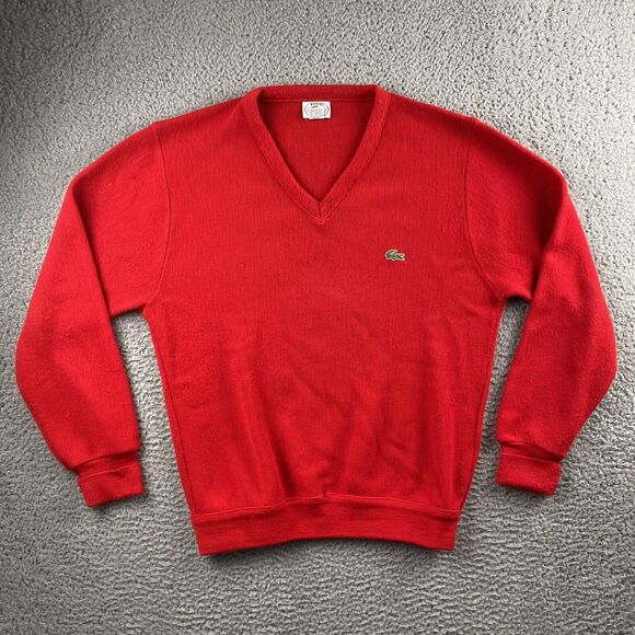 Izod Lacoste Other - Vtg Izod Lacoste Red Orlon Acrylic V-Neck Sweater Men’s Sz Large Gator USA Made
